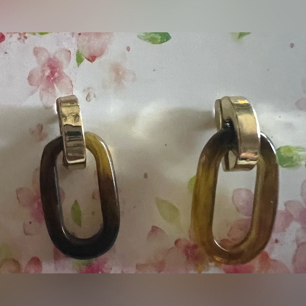 Elegant Tortoise Shell Resin and Gold-Tone Oval Pierced Earrings